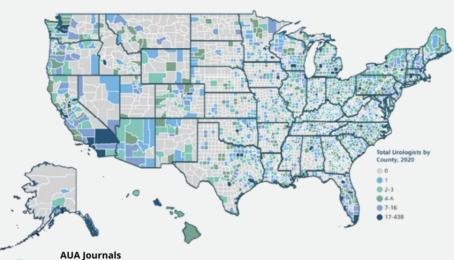 Map of U.S. counties showing total number of practicing urologists by density